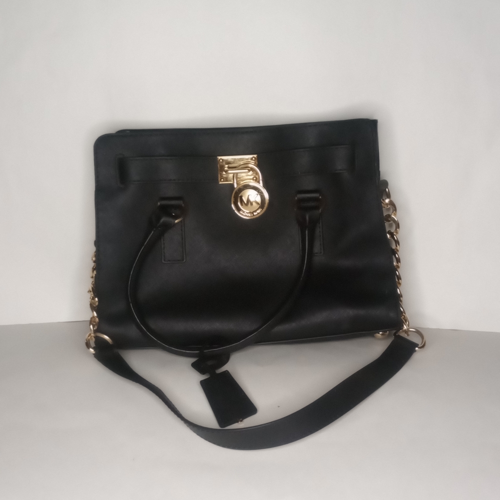 Michael Kors Black Leather Shoulder Bag with Gold Accents